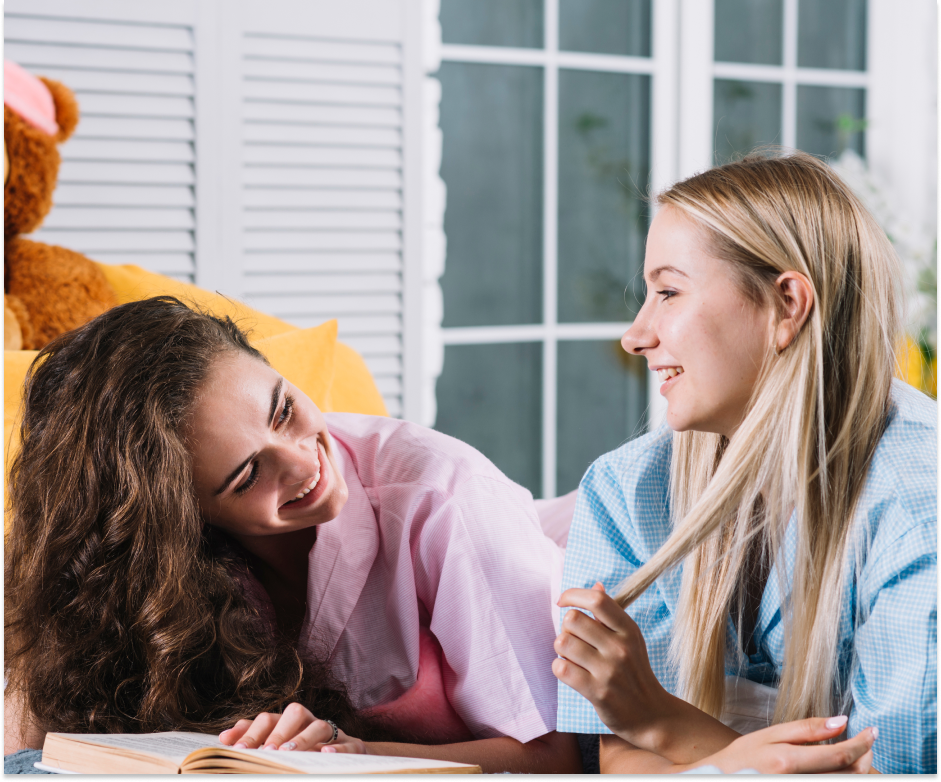 two yound women talking